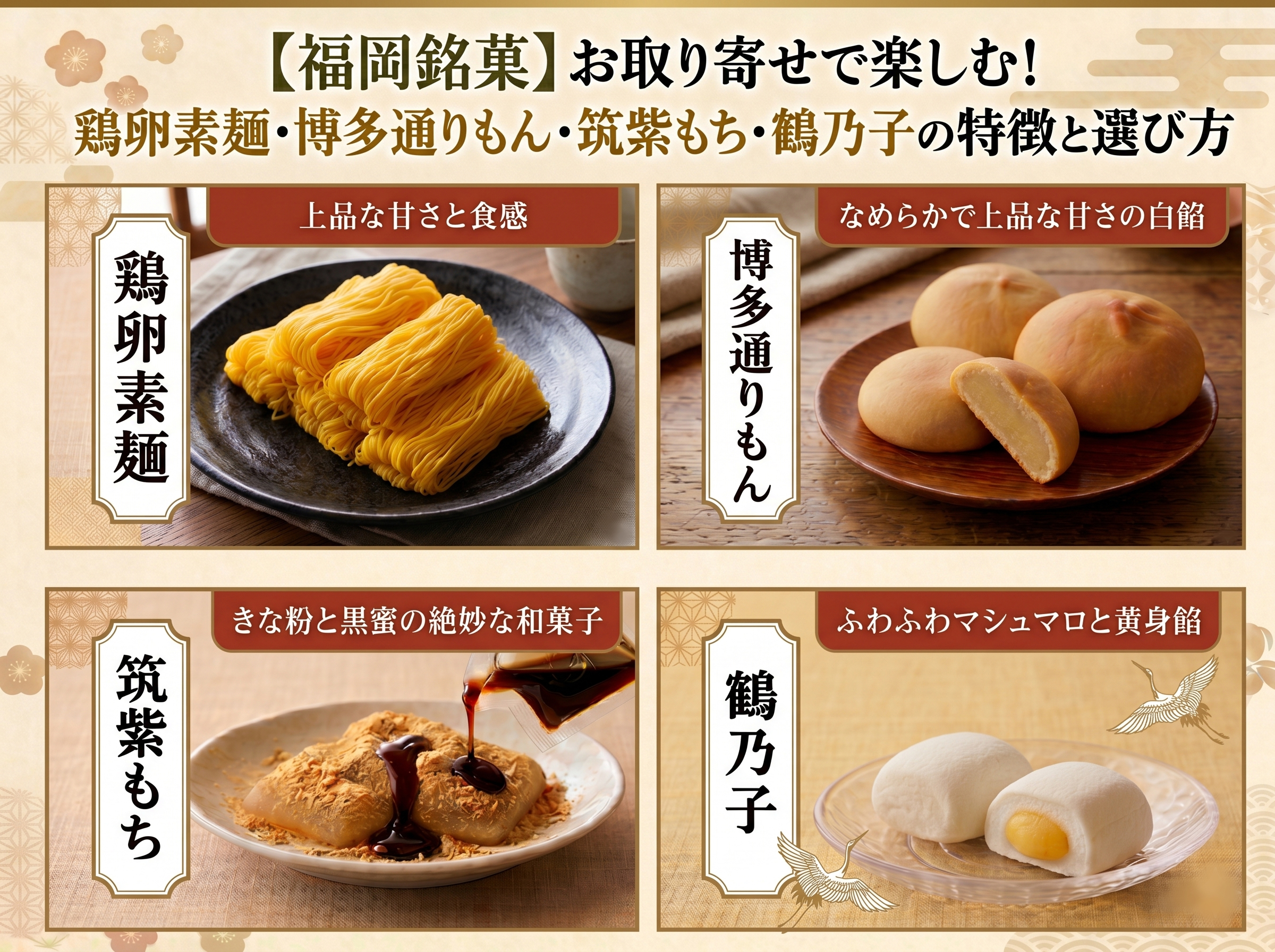 【福岡銘菓】お取り寄せで楽しむ！鶏卵素麺・博多通りもん・筑紫もち・鶴乃子の特徴と選び方